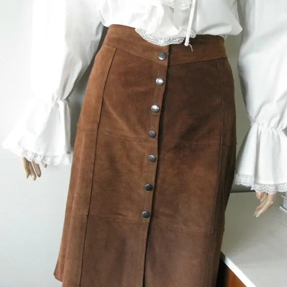 Vintage GAP KHAKIS BROWN SUEDE LEATHER MIDI SKIRT - Picture 1 of 8